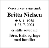 Dødsannoncen for Britta Nielsen - Sdr.Omme
