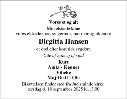 Dødsannoncen for Birgitta Hansen - Juelsminde