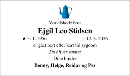Dødsannoncen for Ejgil Leo Stidsen - Bjerre