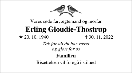 Dødsannoncen for Erling Gloudie-Thostrup - Kalundborg