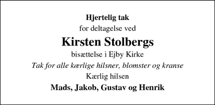 Dødsannoncen for Kirsten Stolbergs - Ejby, Lille Skensved