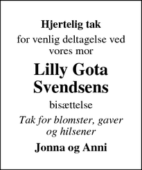 Taksigelsen for Lilly Gota
Svendsens - Ribe