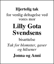 Taksigelsen for Lilly Gota
Svendsens - Ribe