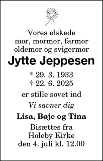 Dødsannoncen for Jytte Jeppesen - Maribo/Holeby 
