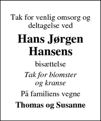 Taksigelsen for Hans Jørgen
Hansens - Toftlund 