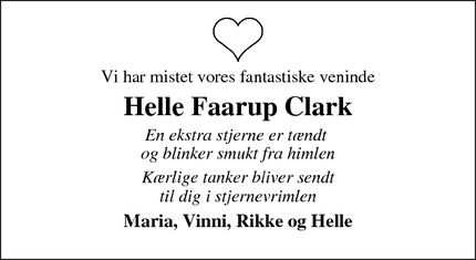 Dødsannoncen for Helle Faarup Clark - Møldrup 