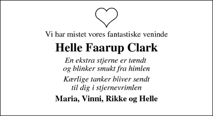 Dødsannoncen for Helle Faarup Clark - Møldrup 