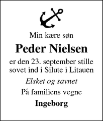 Dødsannoncen for Peder Nielsen - Silute i litauen