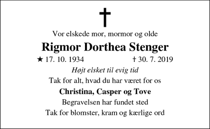 Dødsannoncen for Rigmor Dorthea Stenger - Næstved