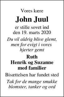Dødsannoncen for John Juul - Næstved