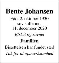 Dødsannoncen for Bente Johansen - Næstved