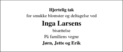 Taksigelsen for Inga Larsens - Fuglebjerg