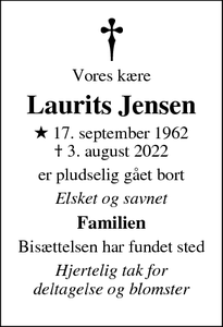 Dødsannoncen for Laurits Jensen - Herlufmagle