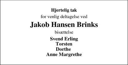 Taksigelsen for Jakob Hansen Brinks - Rødding