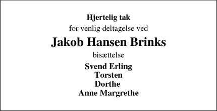 Taksigelsen for Jakob Hansen Brinks - Rødding