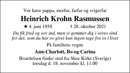 Dødsannoncen for Heinrich Krohn Rasmussen - LANGHUS (Norge)