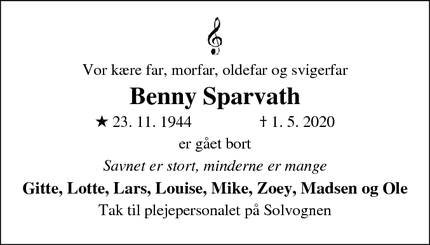 Dødsannoncen for Benny Sparvath - 4573 Højby