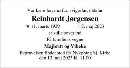 Dødsannoncen for Reinhardt Jørgensen - Nykøbing Sjællland