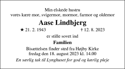 Dødsannoncen for Aase Lindbjerg - Odsherred