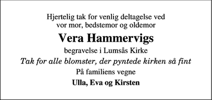 Dødsannoncen for Vera Hammervigs - Barrit
