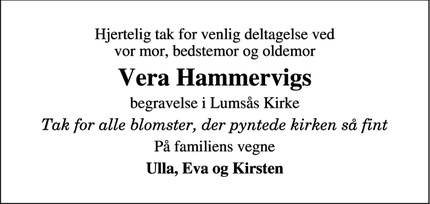 Dødsannoncen for Vera Hammervigs - Barrit