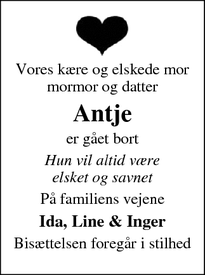 Dødsannoncen for Antje - Marstal 