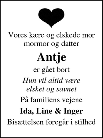 Dødsannoncen for Antje - Marstal 