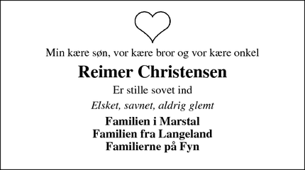 Dødsannoncen for Reimer Christensen - Marstal