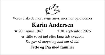 Dødsannoncen for Karin Andersen - Odense S