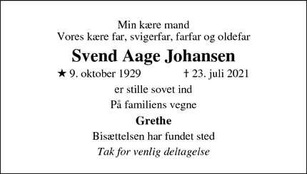 Dødsannoncen for Svend Aage Johansen - Korsør