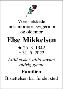 Dødsannoncen for Else Mikkelsen - Svenstrup, Korsør