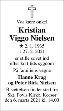 Dødsannoncen for Kristian
Viggo Nielsen - korsør
