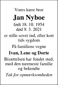 Dødsannoncen for Jan Nyboe  - Skælskør 