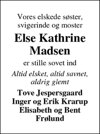Dødsannoncen for Else Kathrine
Madsen - Struer