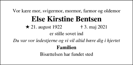 Dødsannoncen for Else Kirstine Bentsen - struer