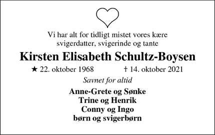 Dødsannoncen for Kirsten Elisabeth Schultz-Boysen - Struer