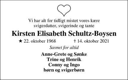 Dødsannoncen for Kirsten Elisabeth Schultz-Boysen - Struer