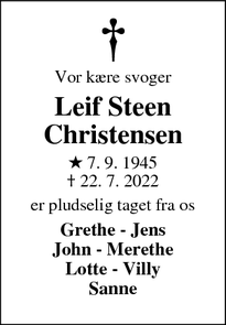 Dødsannoncen for Leif Steen
Christensen - Struer