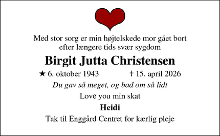Dødsannoncen for Birgit Jutta Christensen - Struer