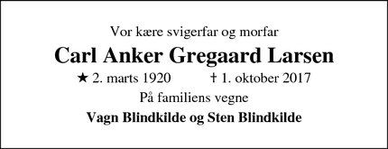 Dødsannoncen for Carl Anker Gregaard Larsen - Struer