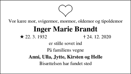 Dødsannoncen for Inger Marie Brandt - Vester Skerninge