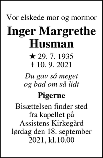 Dødsannoncen for Inger Margrethe
Husman - Hesselager