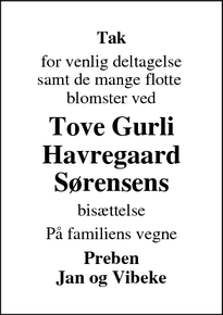 Taksigelsen for Tove Gurli
Havregaard
Sørensens - Stenstrup