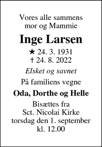 Dødsannoncen for Inge Larsen - Svendborg