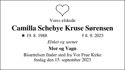 Dødsannoncen for Camilla Schebye Kruse Sørensen - Svendborg