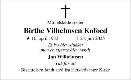 Dødsannoncen for Birthe Vilhelmsen Kofoed - Svendborg