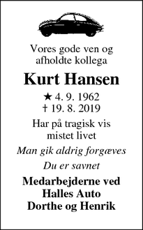 Dødsannoncen for Kurt Hansen - Varde