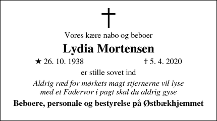Dødsannoncen for Lydia Mortensen  - Ølgod