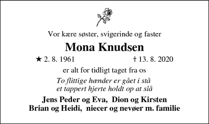 Dødsannoncen for Mona Knudsen - Møgeltønder