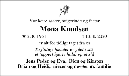 Dødsannoncen for Mona Knudsen - Møgeltønder